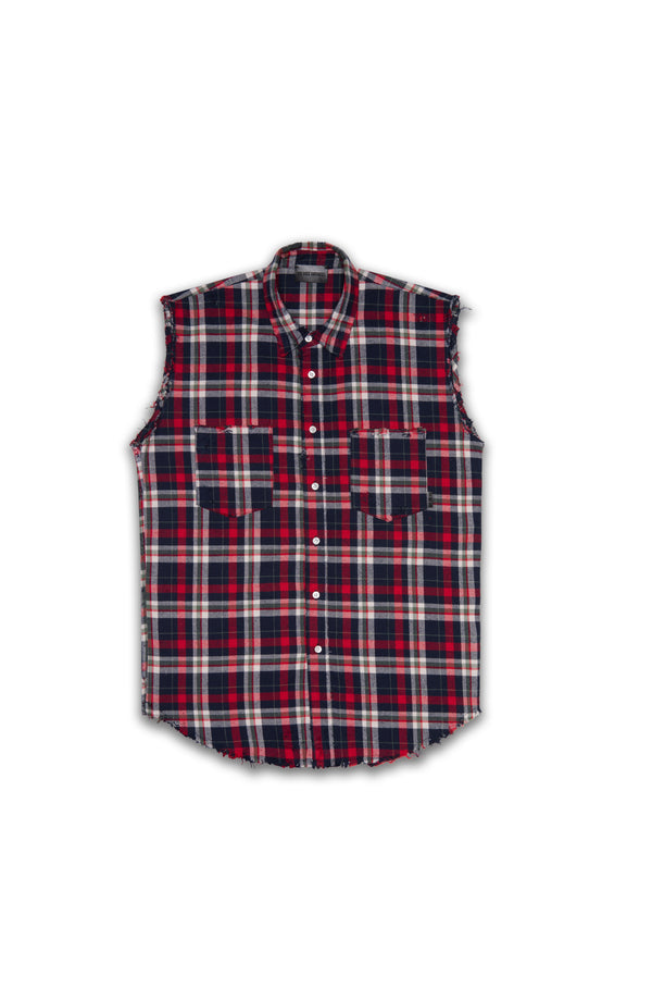 MIDNIGHT BLUE, RED PRICK SLEEVELESS FLANNEL BUTTON DOWN