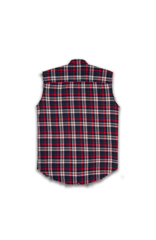 MIDNIGHT BLUE, RED PRICK SLEEVELESS FLANNEL BUTTON DOWN